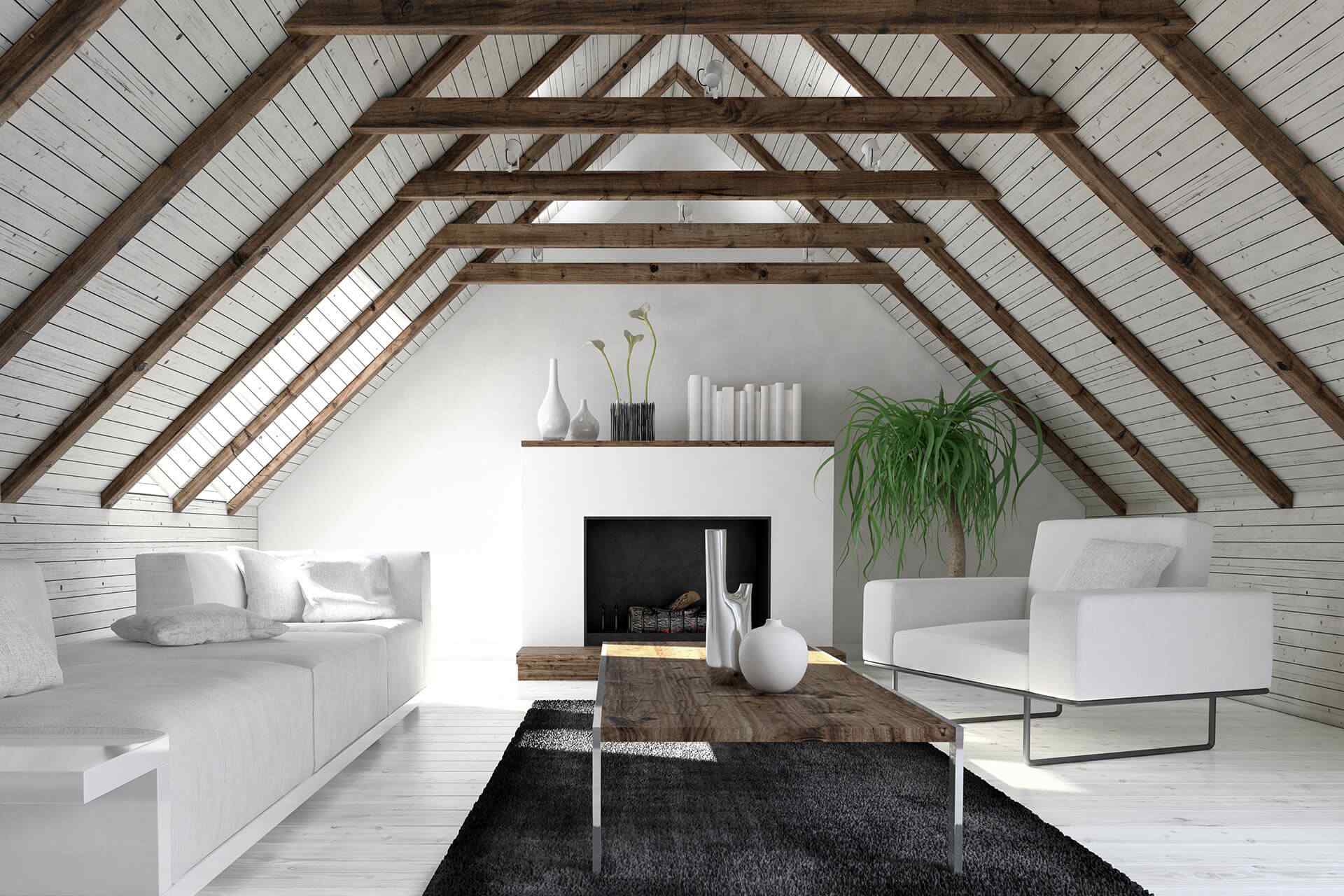 Modern interior living space with a vaulted ceiling.
