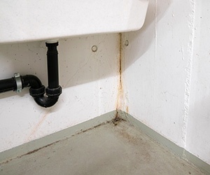 Black pipe in an area beneath a sink.