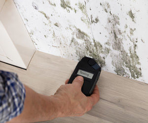 Worker using a handheld device to inspect mold on a white wall.
