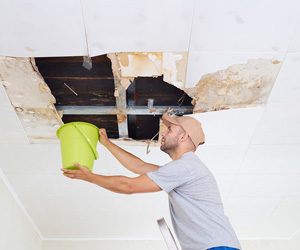Man on a ladder holding a bucket beneath a large hole in a white ceiling.