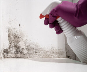 A gloved hand cleans mold from a white wall.
