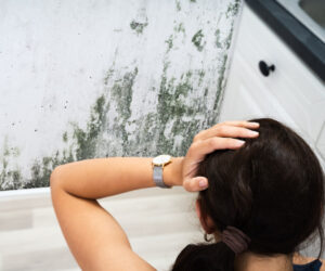 Frustrated woman looking at mold on a white wall.
