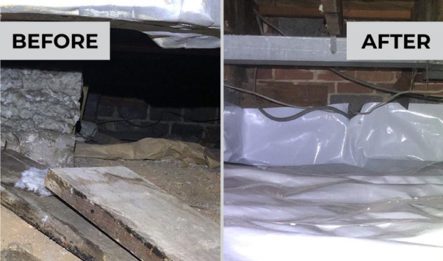 Before and after of a crawl space insulated by East Coast Mold Remediation.