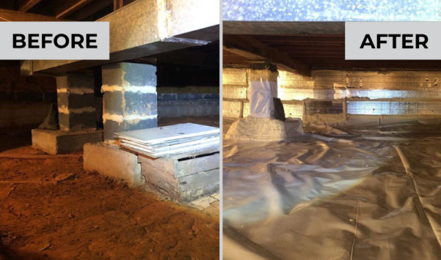 Residential crawl space before and after receiving services by East Coast Mold Remediation.