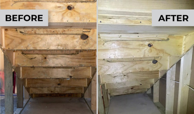 The underneath of wooden stairs before and after mold remediation services by East Coast Mold Remediation.
